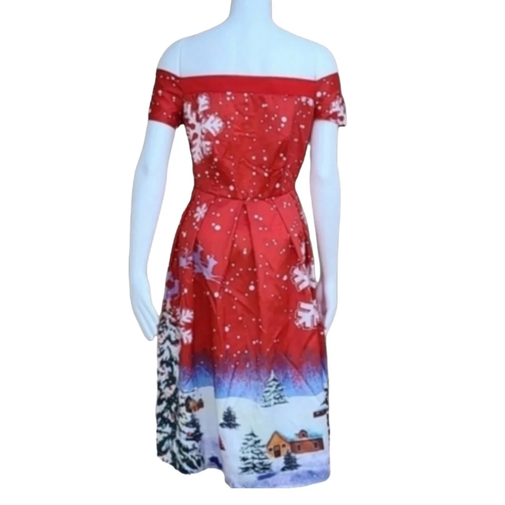 VINTAGE CHRISTMAS HOLIDAY Dress Small 4 6 Rockabilly Pin Up Off Shoulder Festive - Picture 7 of 14